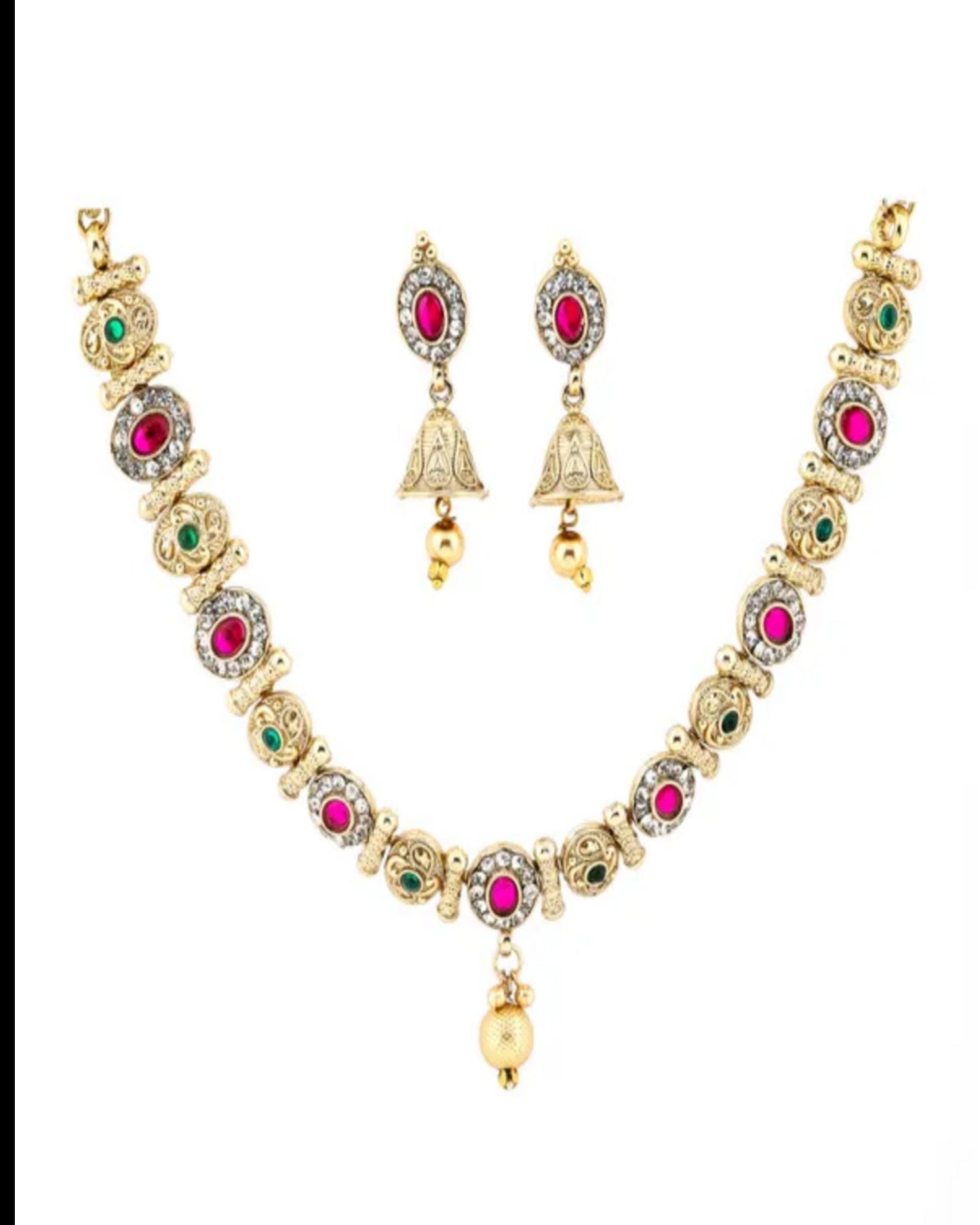 Gold-Plated Traditional Necklace Set for Women | Red & Green Stone Choker with Jhumka Earrings