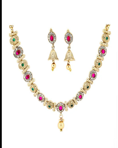 Gold-Plated Traditional Necklace Set for Women | Red & Green Stone Choker with Jhumka Earrings