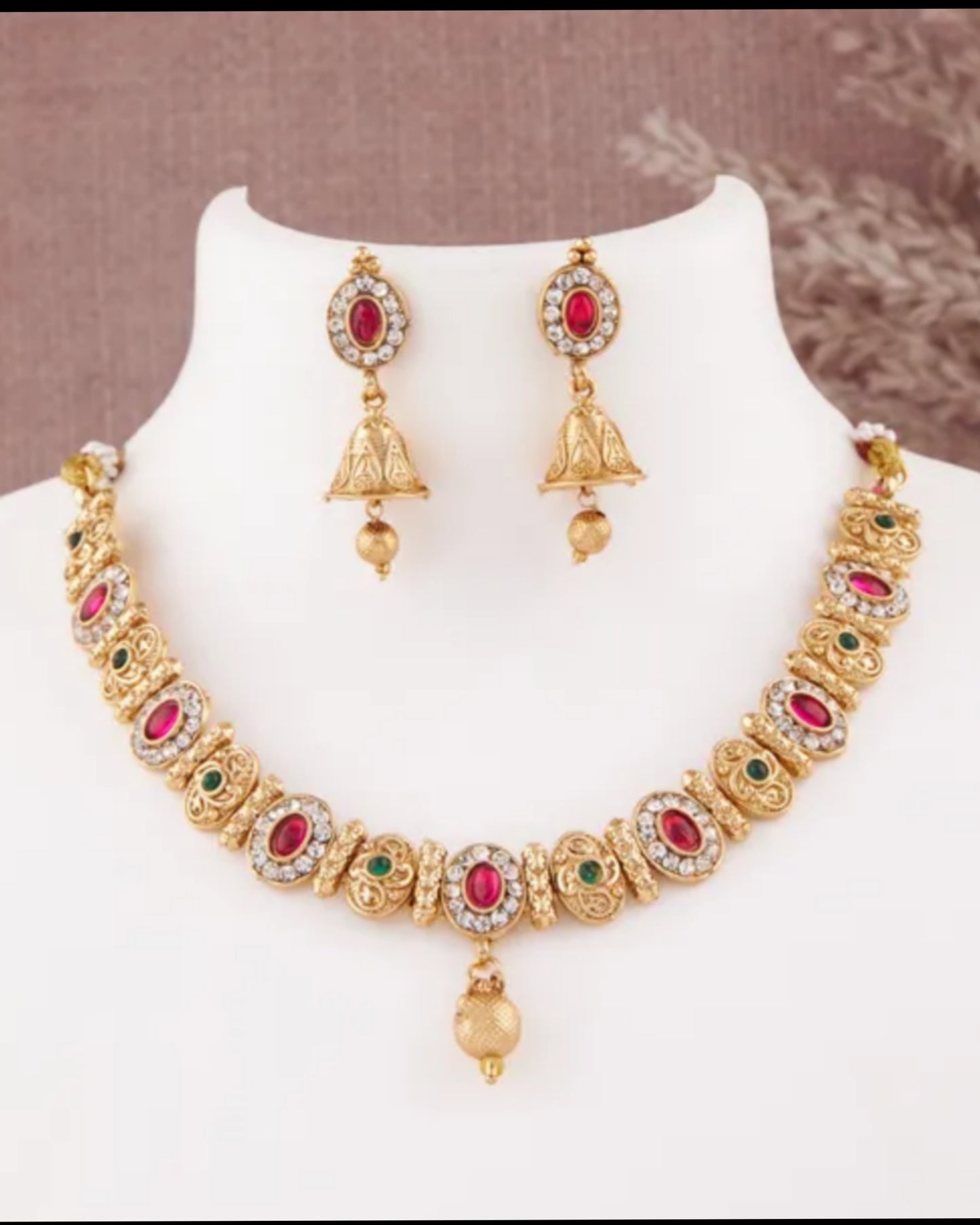 Gold-Plated Traditional Necklace Set for Women | Red & Green Stone Choker with Jhumka Earrings