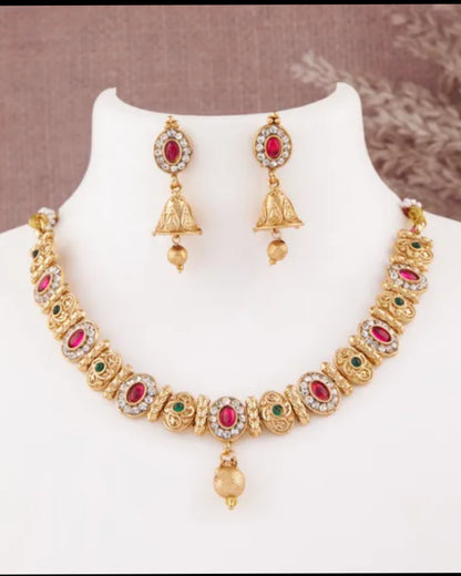 Gold-Plated Traditional Necklace Set for Women | Red & Green Stone Choker with Jhumka Earrings