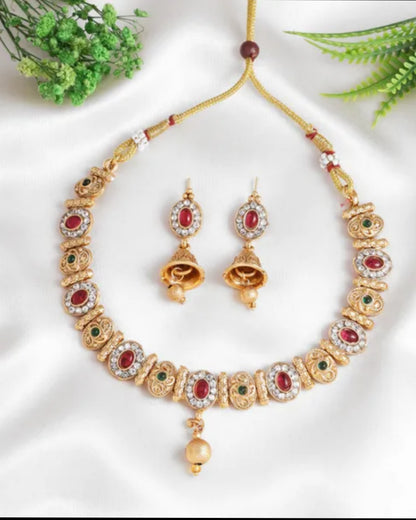 Gold-Plated Traditional Necklace Set for Women | Red & Green Stone Choker with Jhumka Earrings