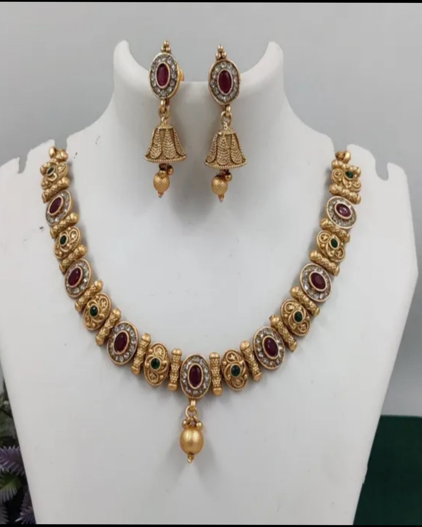 Gold-Plated Traditional Necklace Set for Women | Red & Green Stone Choker with Jhumka Earrings