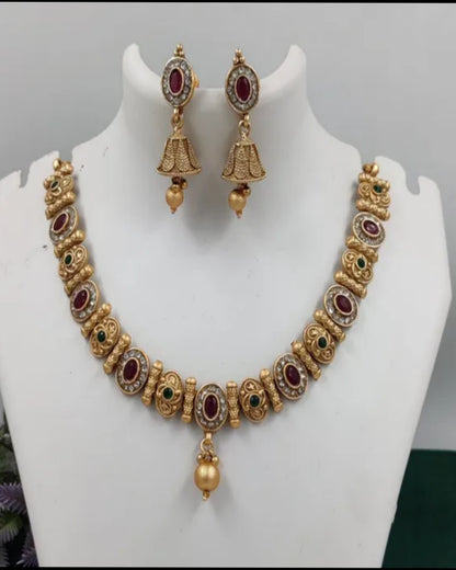 Gold-Plated Traditional Necklace Set for Women | Red & Green Stone Choker with Jhumka Earrings