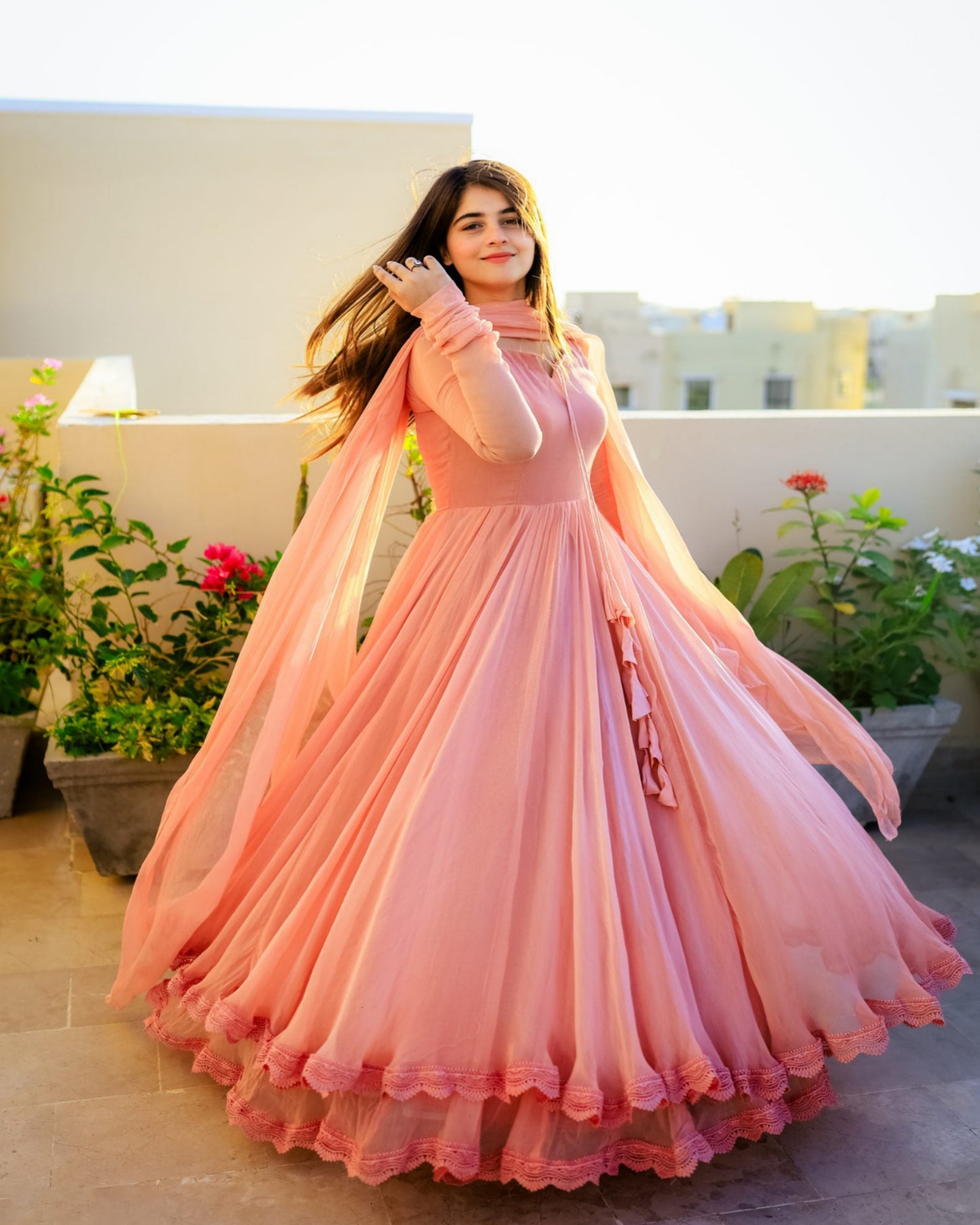 Elegant Peach Floor-Length Anarkali Dress