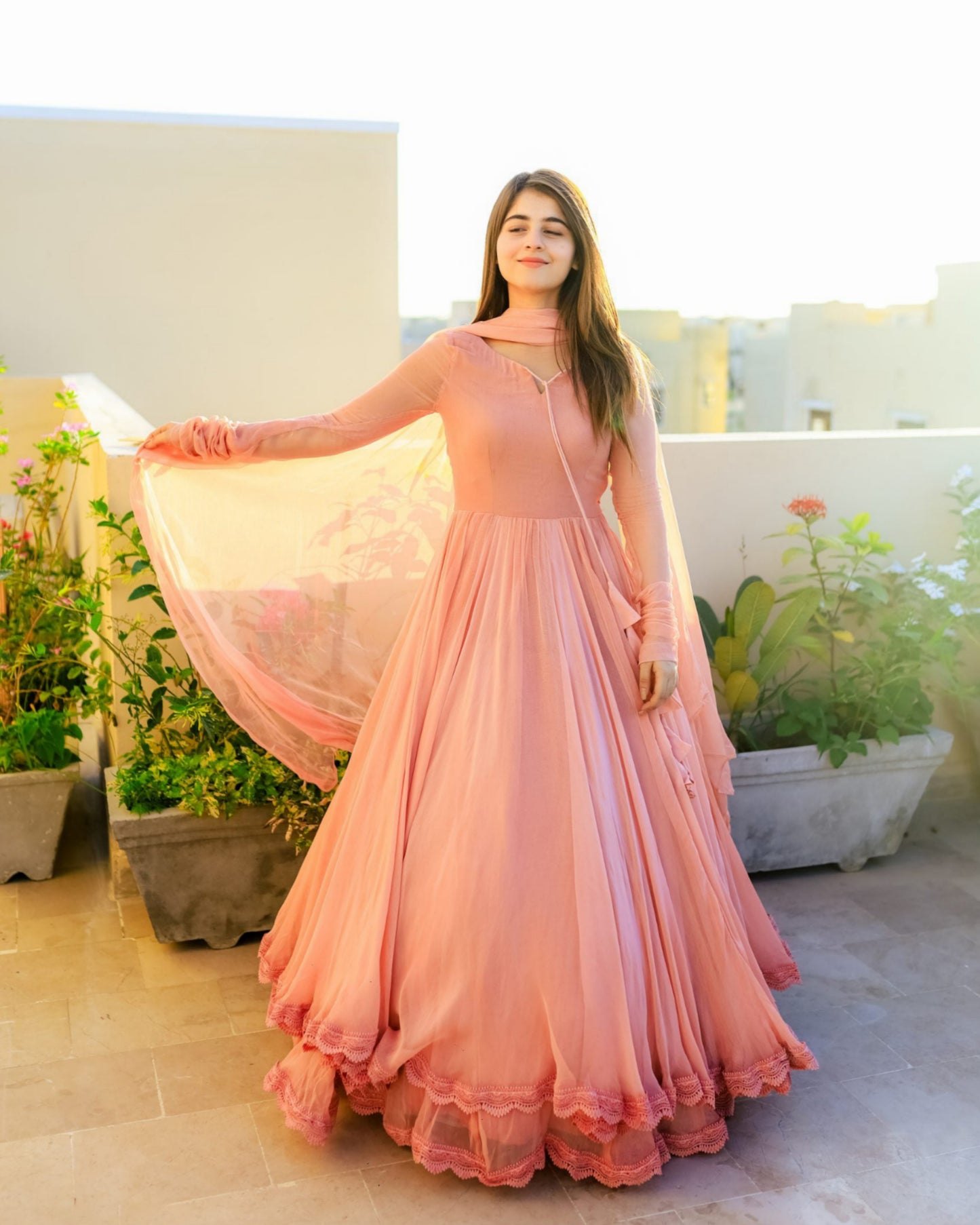 Elegant Peach Floor-Length Anarkali Dress